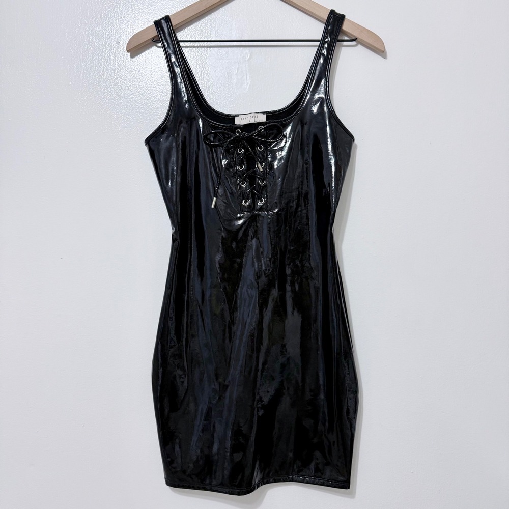 Bear Dance Black Faux Patent Leather Lace Up Corset Bodycon Mini Dress M
